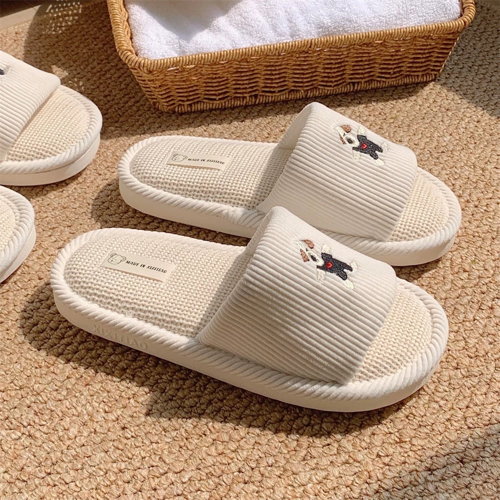 Cute Dog Couple Linen Slippers