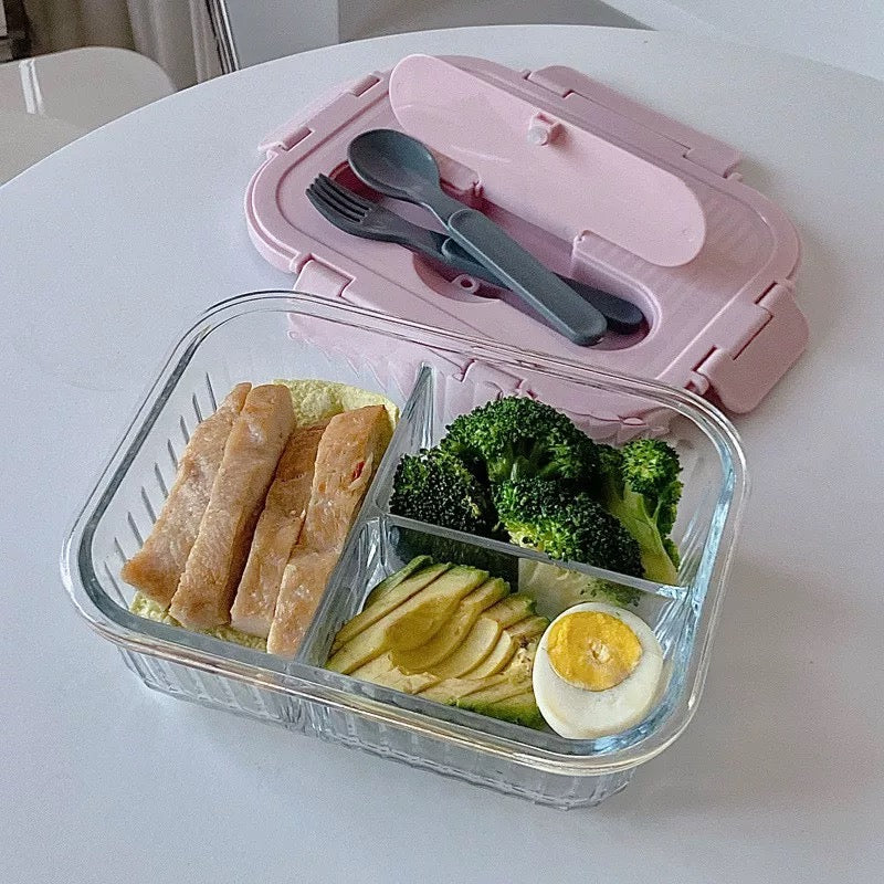 Pink Korean-Style 3-Compartment High Borosilicate Glass Food Storage Box