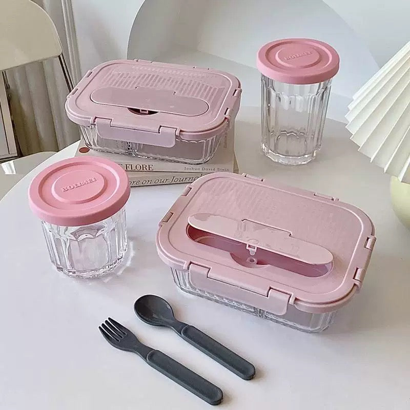 Pink Korean-Style 3-Compartment High Borosilicate Glass Food Storage Box