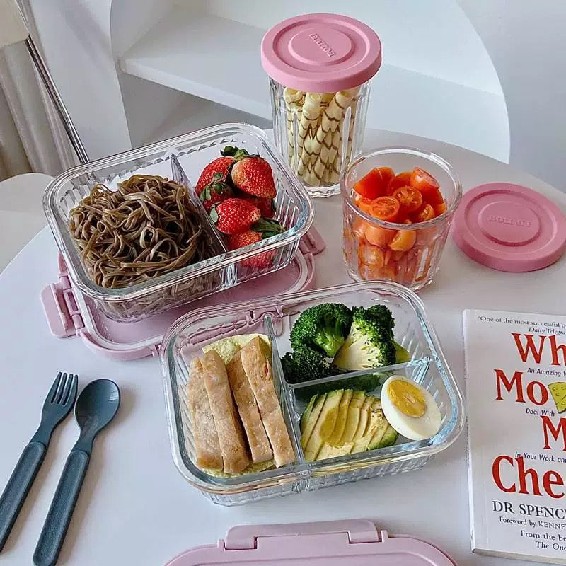 Pink Korean-Style 3-Compartment High Borosilicate Glass Food Storage Box