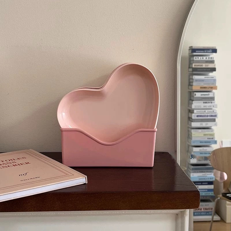 Pink Heart-Shaped Serving Dish & Bone Plate Set (8 Pieces with Base)