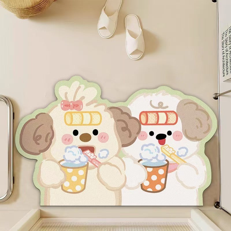 Cute Puppy Washing Face Diatomaceous Earth Floor Mat