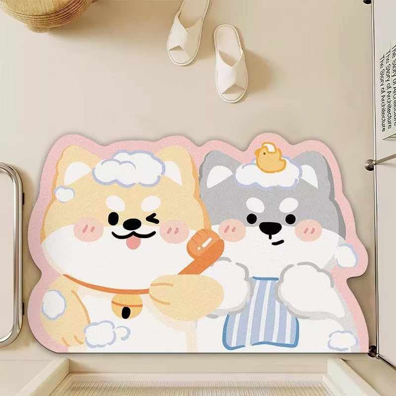 Cute Puppy Washing Face Diatomaceous Earth Floor Mat