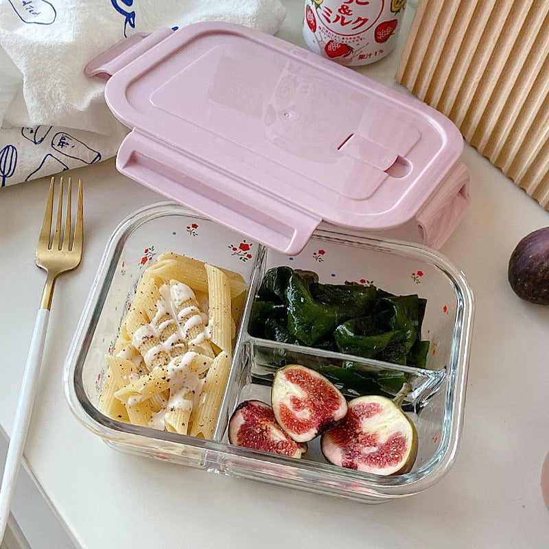 Floral 3-Compartment Glass Food Container