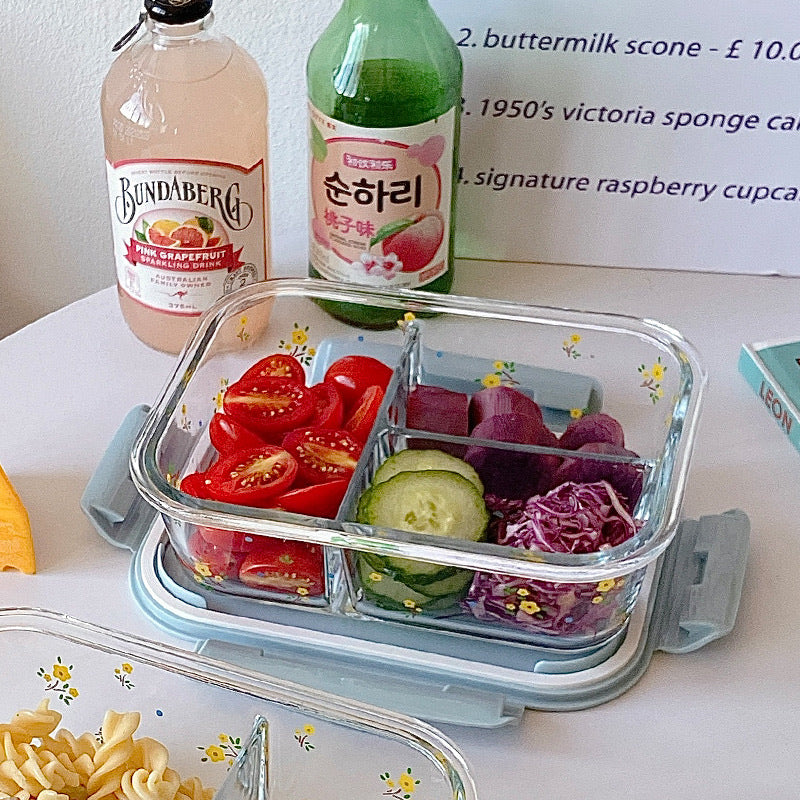 Floral 3-Compartment Glass Food Container