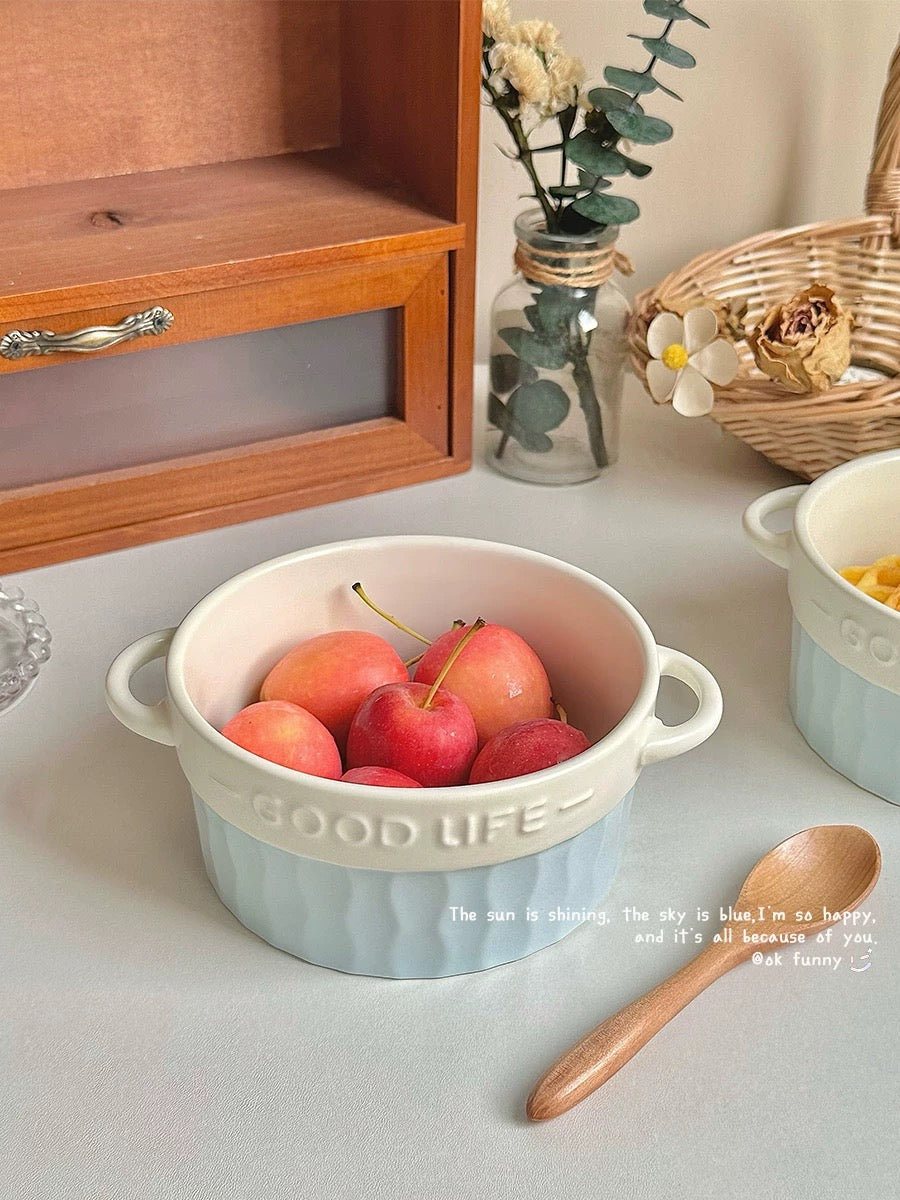 French Blue & White Double-Handle Ceramic Bowl