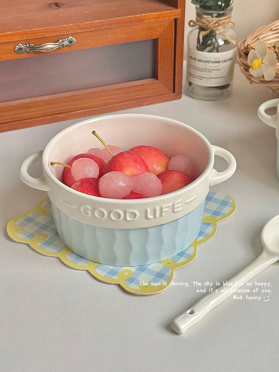 French Blue & White Double-Handle Ceramic Bowl