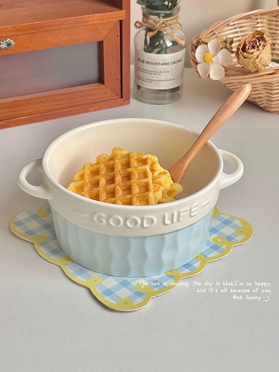 French Blue & White Double-Handle Ceramic Bowl