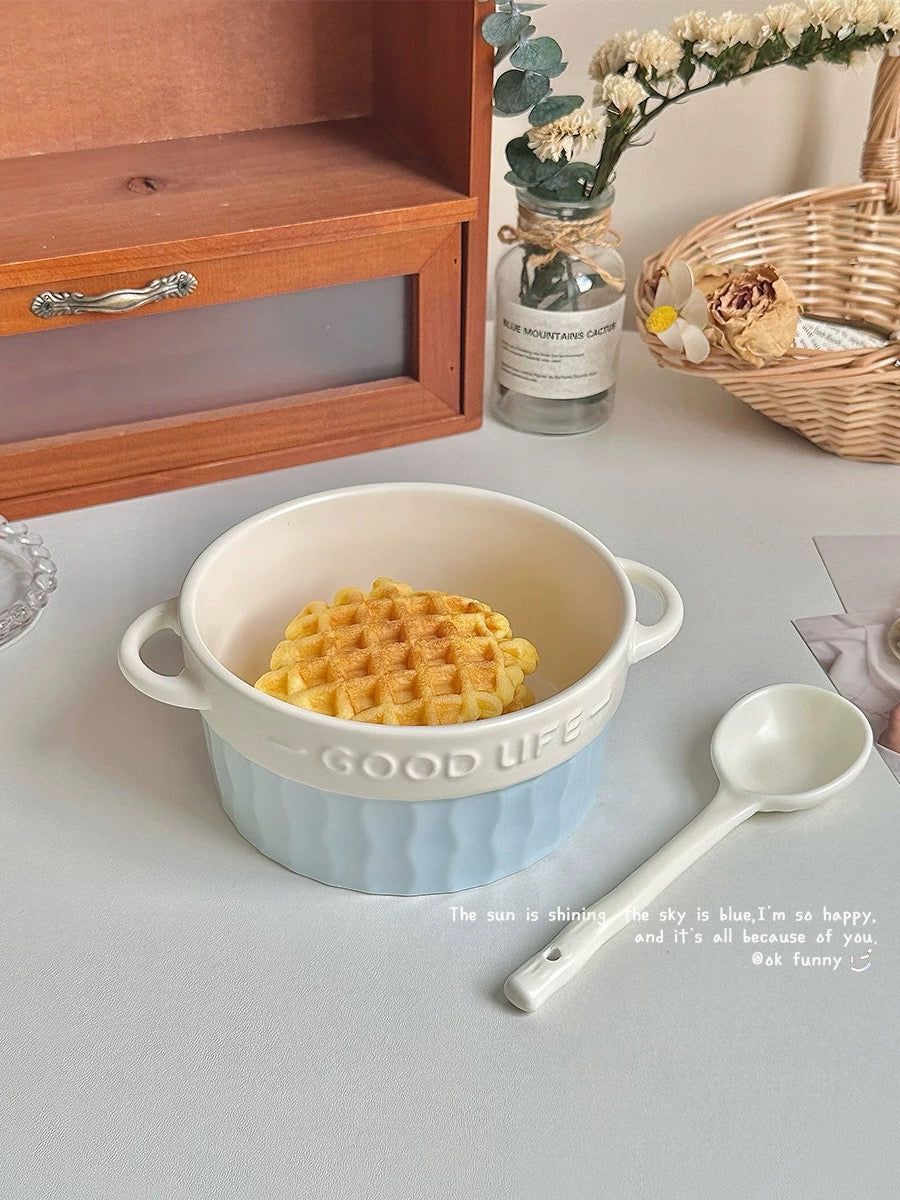 French Blue & White Double-Handle Ceramic Bowl