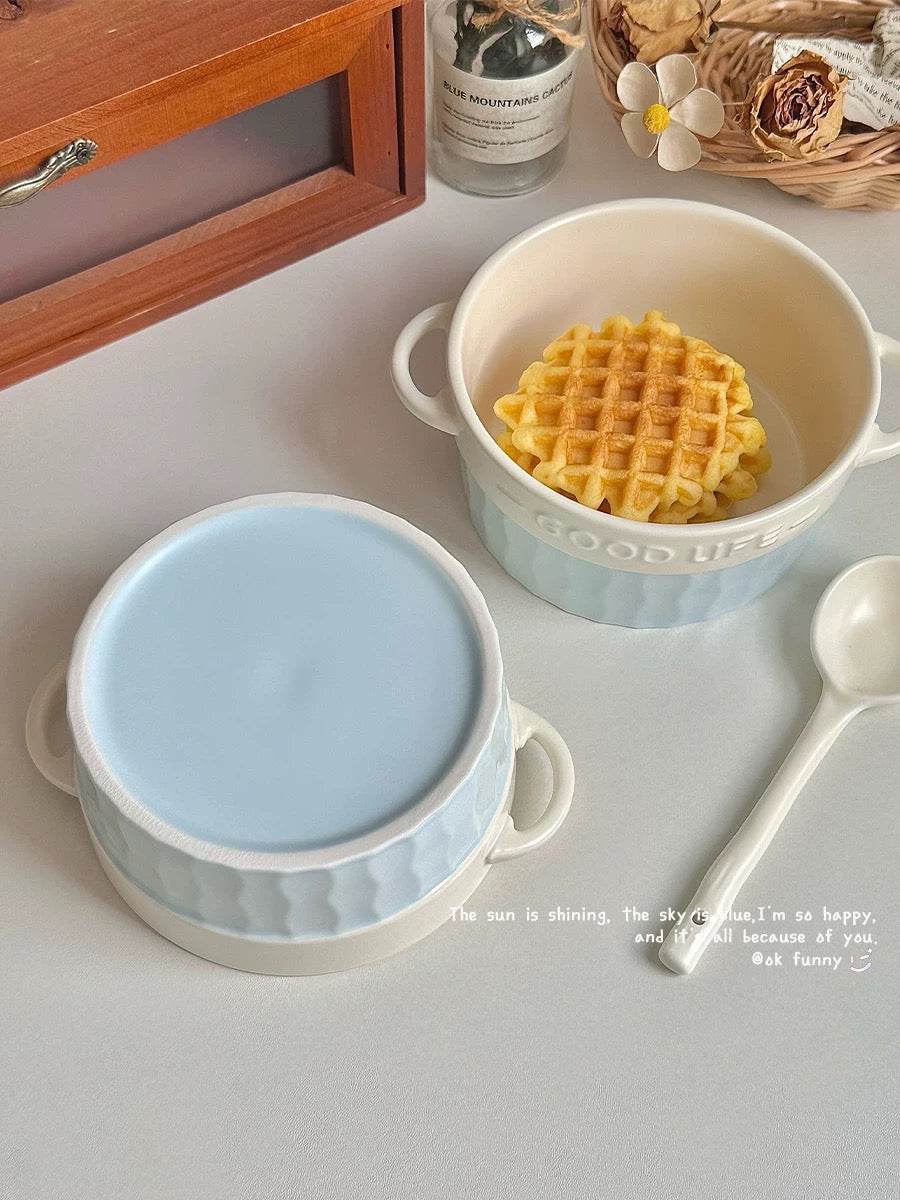 French Blue & White Double-Handle Ceramic Bowl