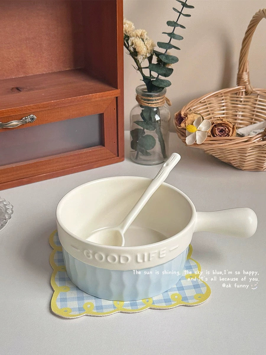 French Blue & White Ceramic Handle Bowl (GOOD LIFE Embossed Design)