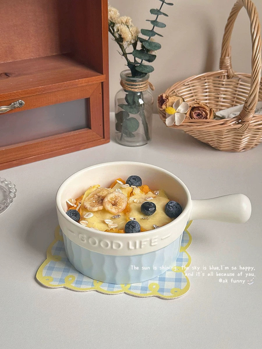 French Blue & White Ceramic Handle Bowl (GOOD LIFE Embossed Design)