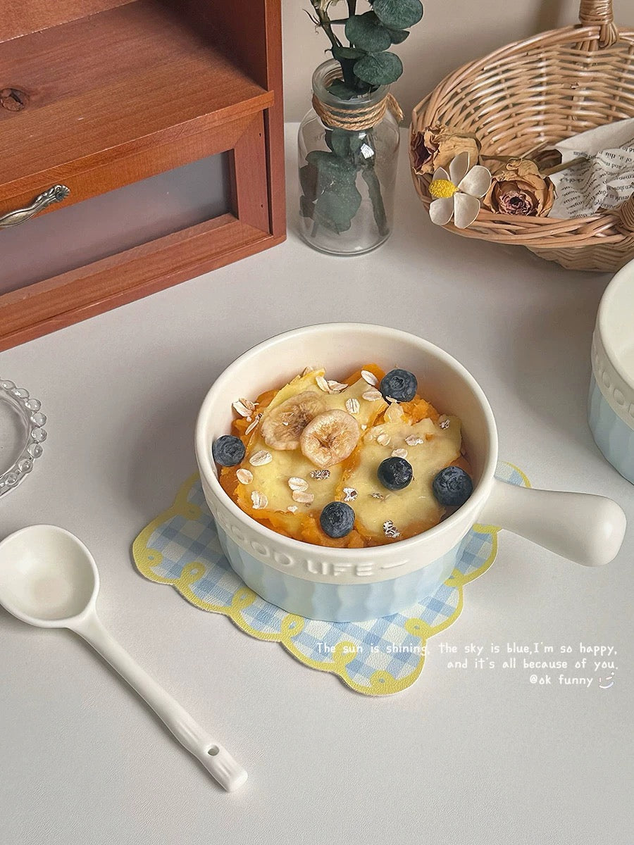 French Blue & White Ceramic Handle Bowl (GOOD LIFE Embossed Design)