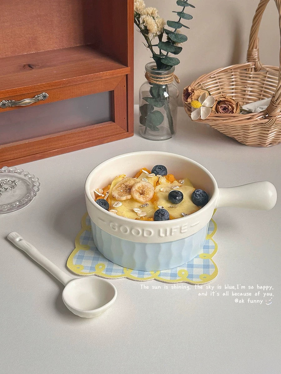 French Blue & White Ceramic Handle Bowl (GOOD LIFE Embossed Design)