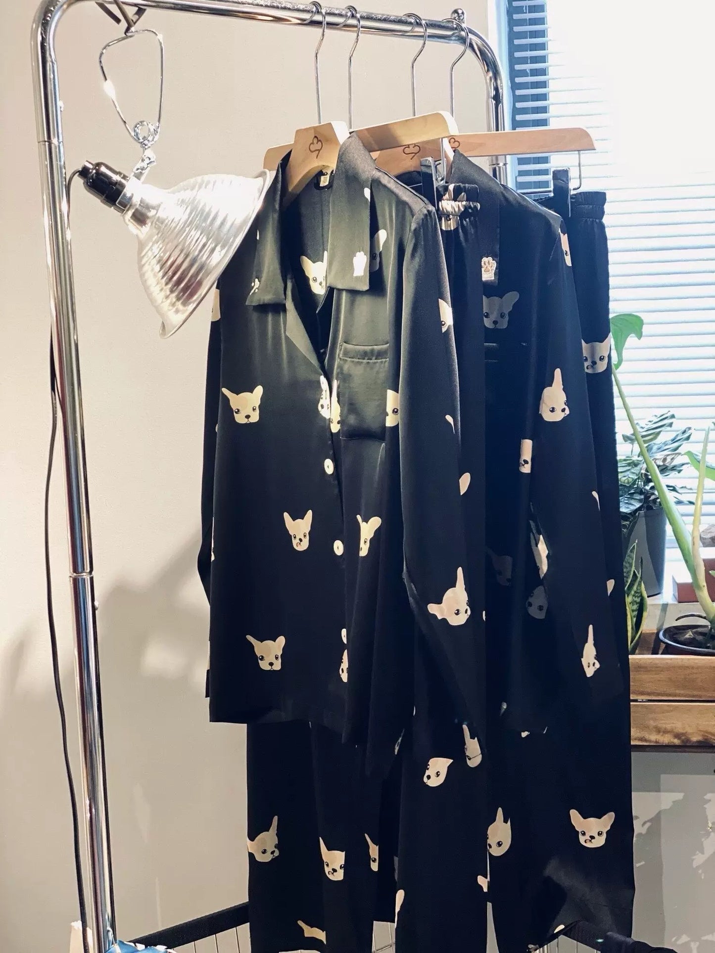 Lucky French Bulldog Print Silk Pajama Set