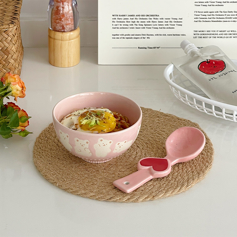 Pink Cute Bear Embossed Ceramic Rice Bowl