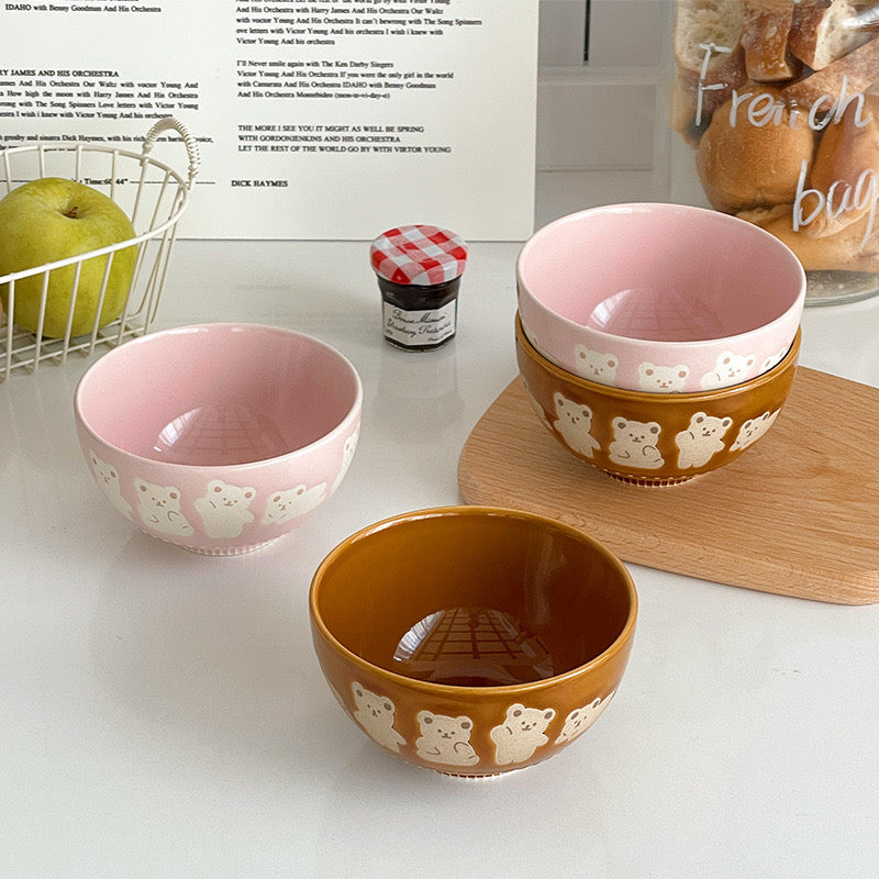 Pink Cute Bear Embossed Ceramic Rice Bowl