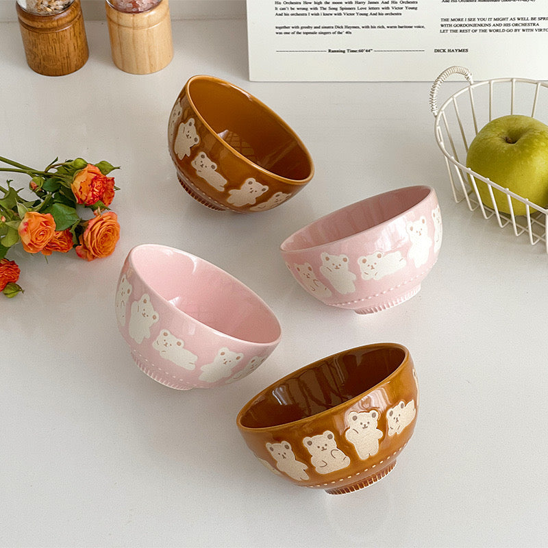Pink Cute Bear Embossed Ceramic Rice Bowl