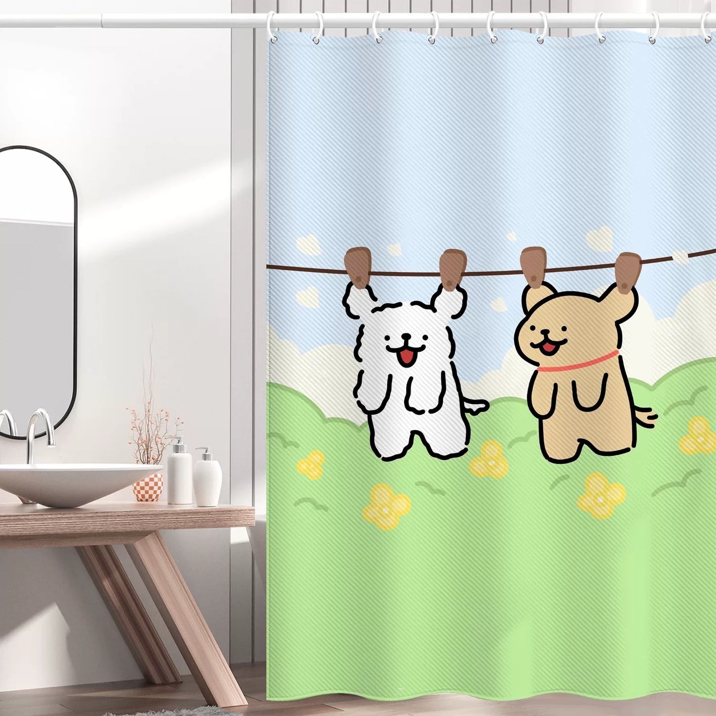 Cute Dog Cartoon Shower Curtain With Hooks