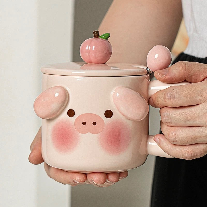 Cartoon Animal Ceramic Mug with Lid & Spoon