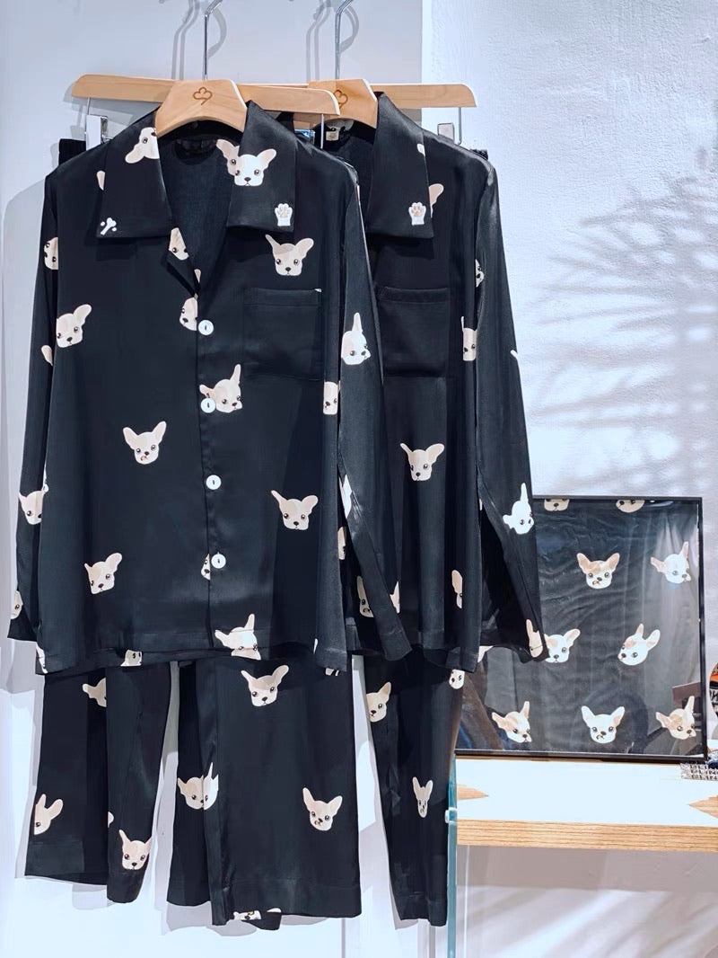 Lucky French Bulldog Print Silk Pajama Set