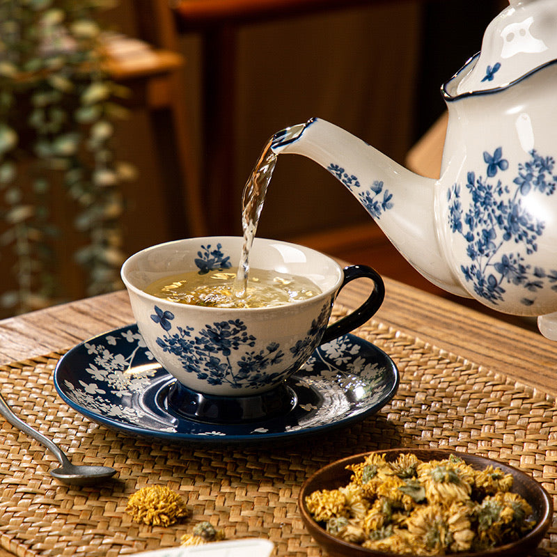 Blue & White Floral Ceramic Cup and Saucer Set