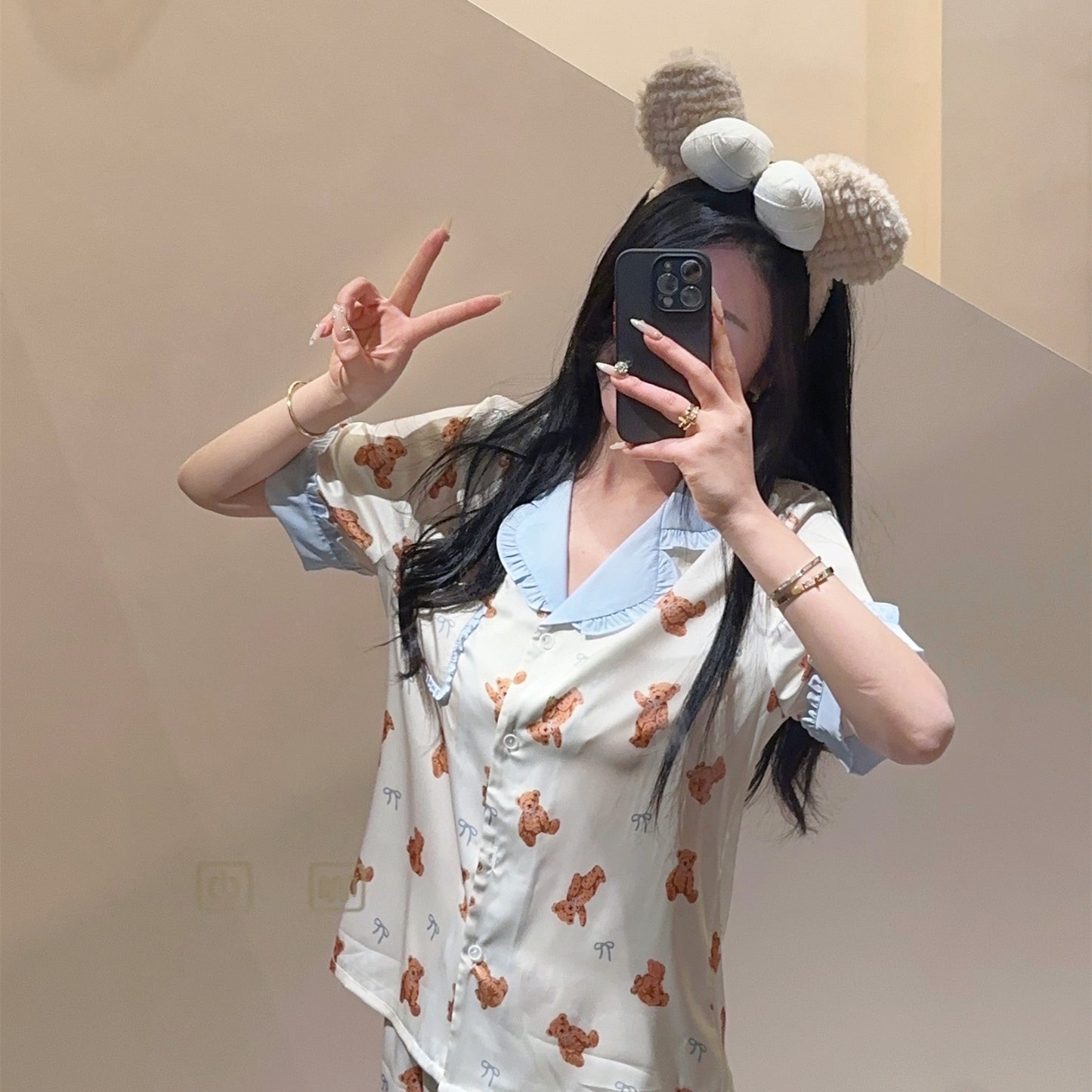 Cute Teddy Bear Short-Sleeve Silk Pajama Set
