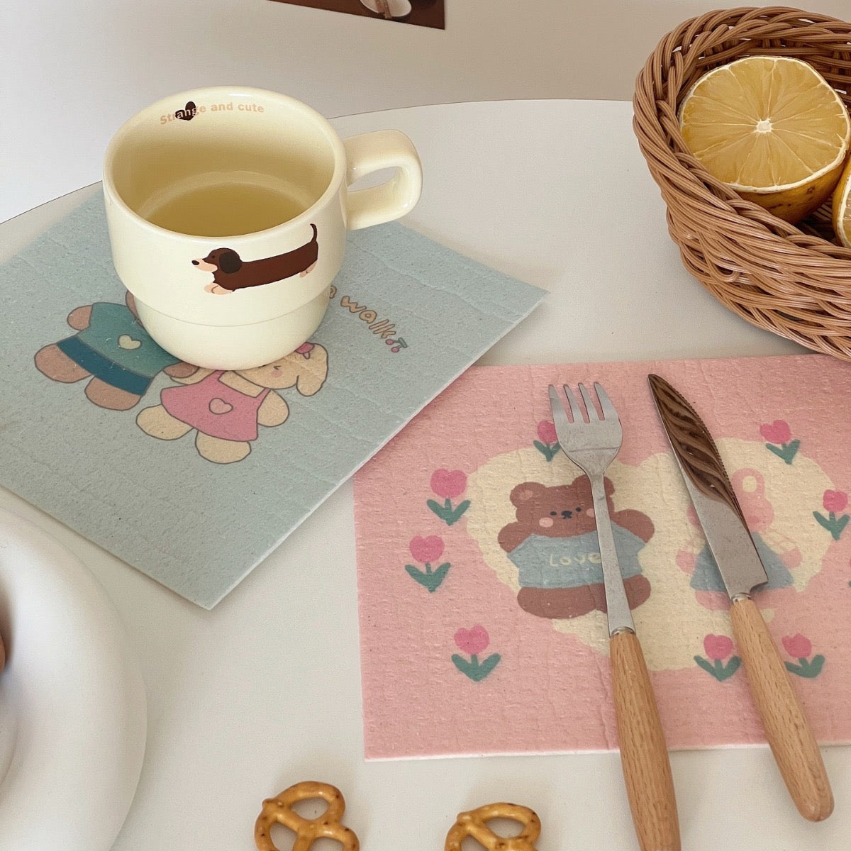 Pink and Blue Bear & Bunny Wood Pulp Sponge Cloth (2-Pack)