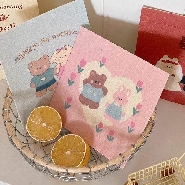 Pink and Blue Bear & Bunny Wood Pulp Sponge Cloth (2-Pack)