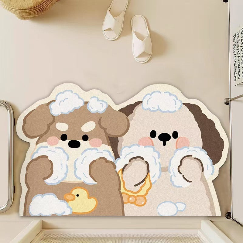 Cute Puppy Washing Face Diatomaceous Earth Floor Mat