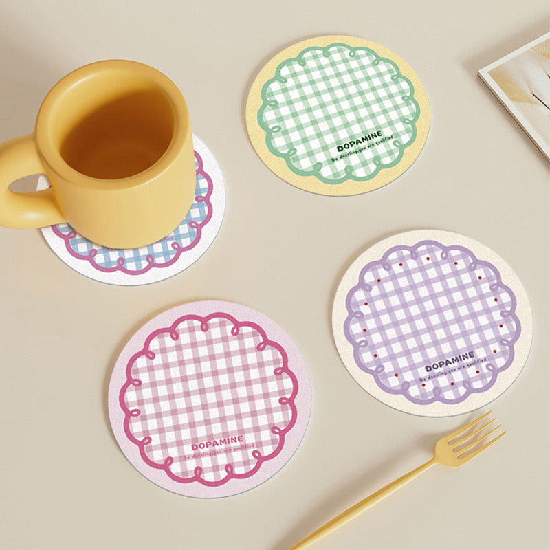 Korean-Style Dopamine Round Checkered Heat-Resistant Coasters (Set of 4)