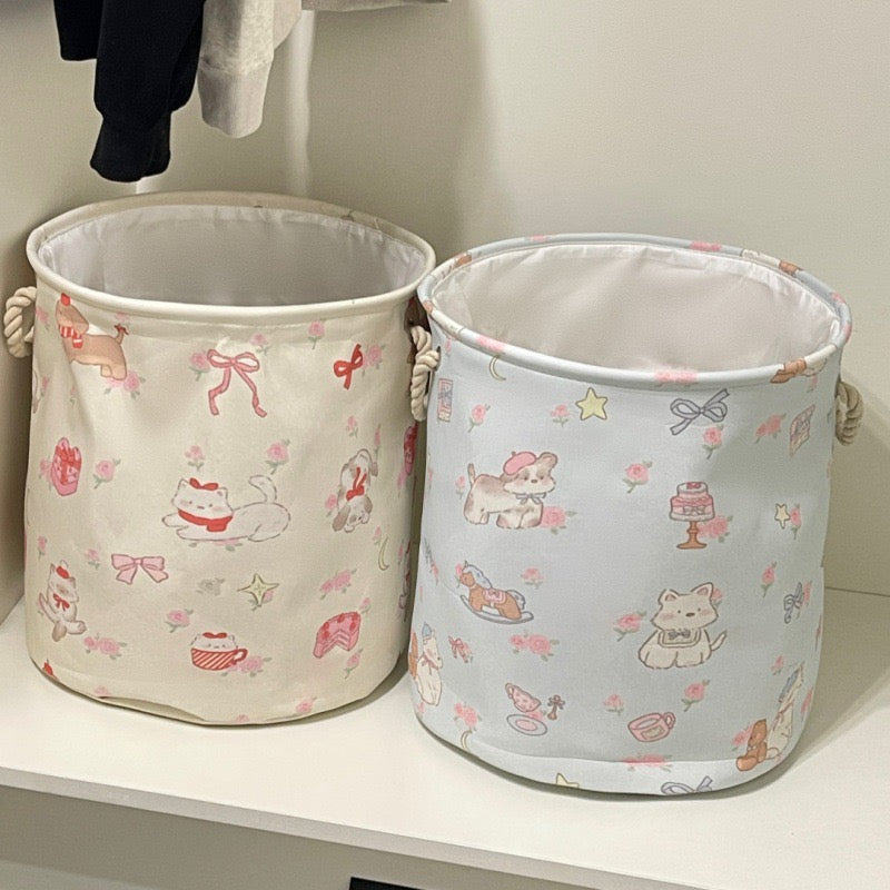 Cute Cartoon Puppy & Kitty Printed Storage Basket