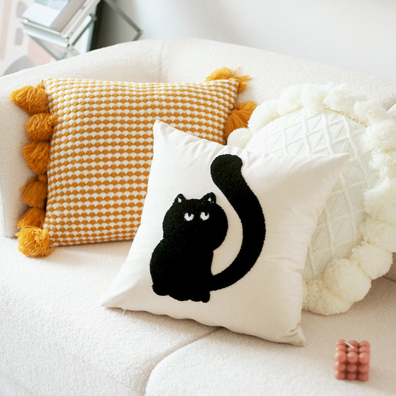 Adorable Black Cat Embroidered Pillow Cushion (Covers Only)