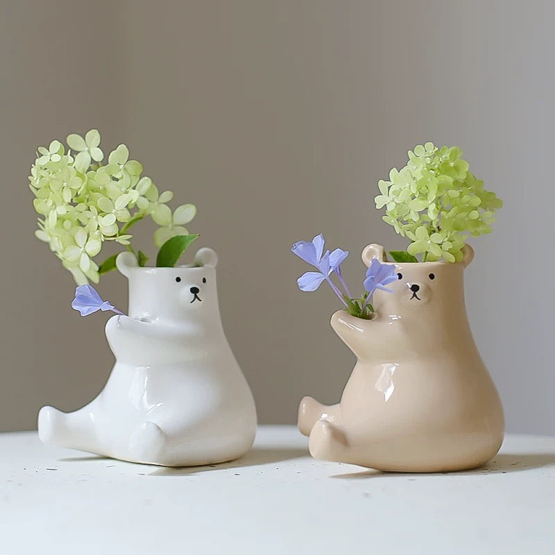 White Ceramic Bear Vase Desktop Decoration