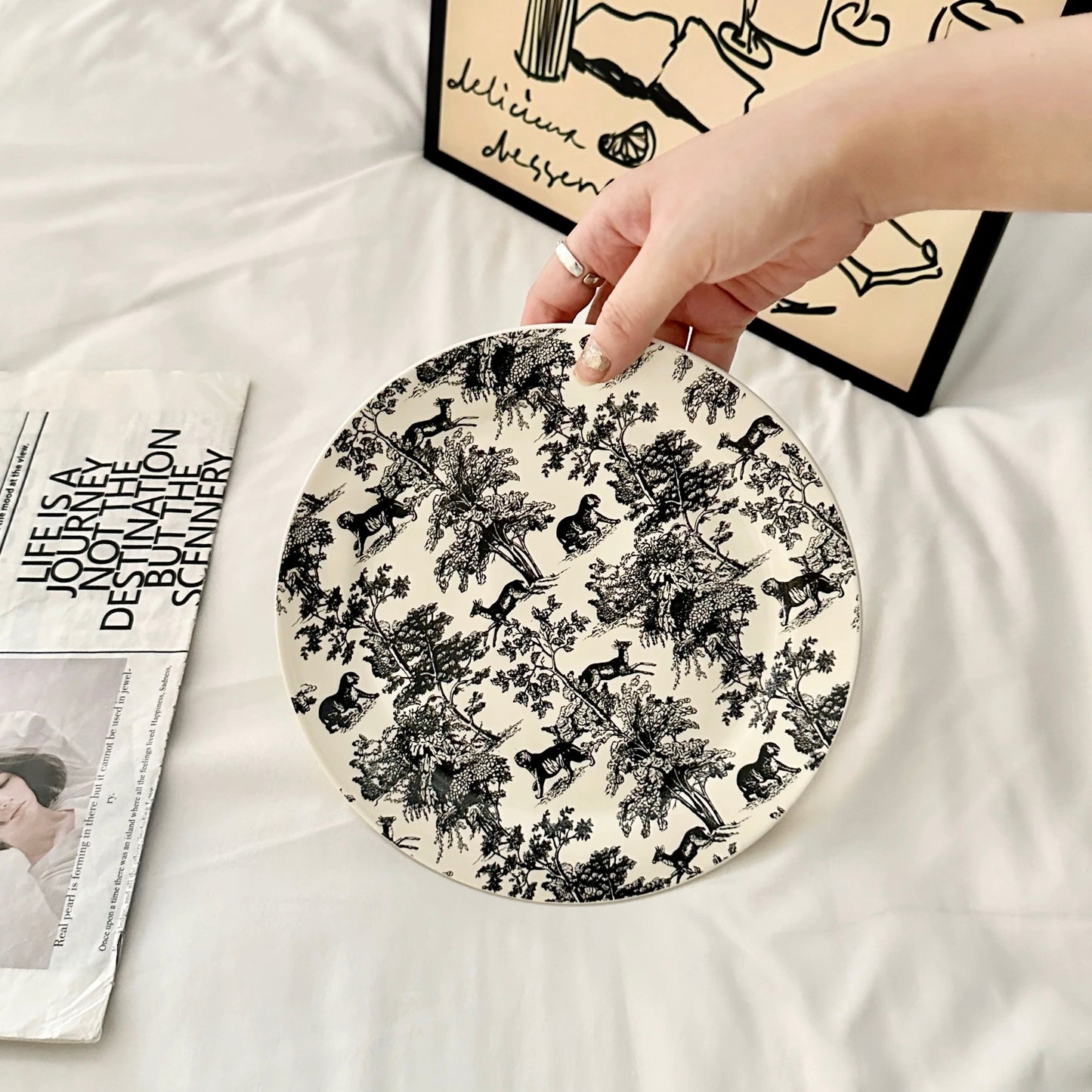 French Vintage Black & White Toile de Jouy Ceramic Tableware