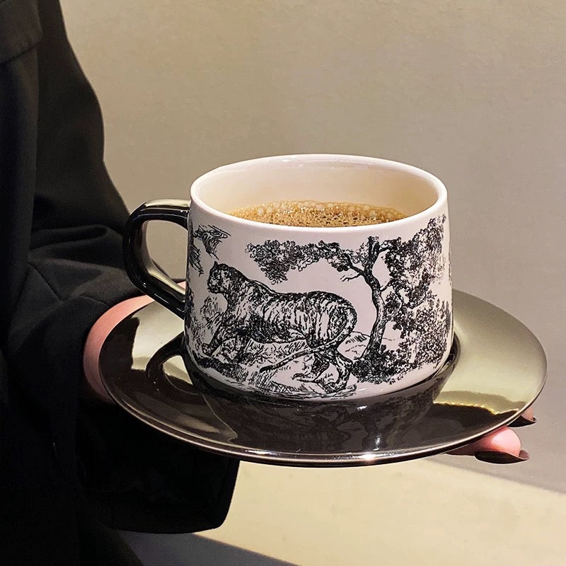 French Vintage Black & White Hunting Scene Ceramic Cup & Saucer Set