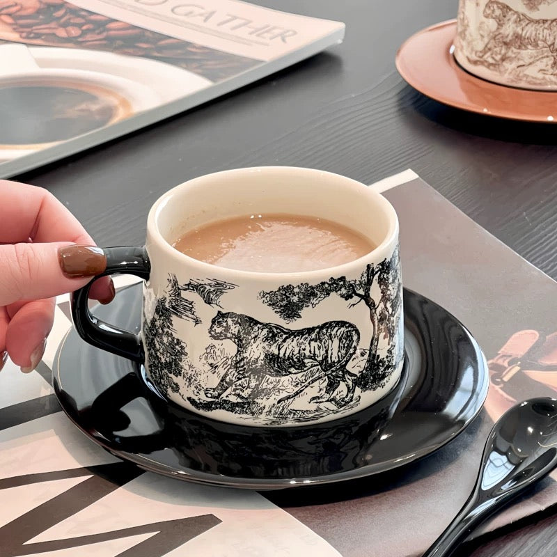 French Vintage Black & White Hunting Scene Ceramic Cup & Saucer Set