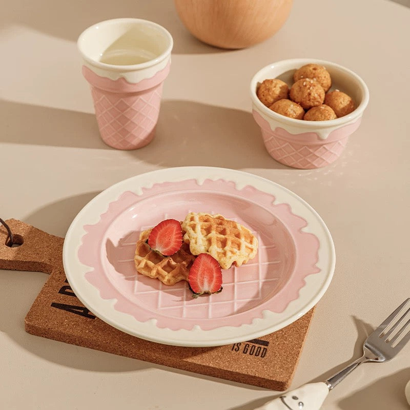 Cute Pink & White Ice Cream Cone Ceramic Bowl / Ceramic Plate