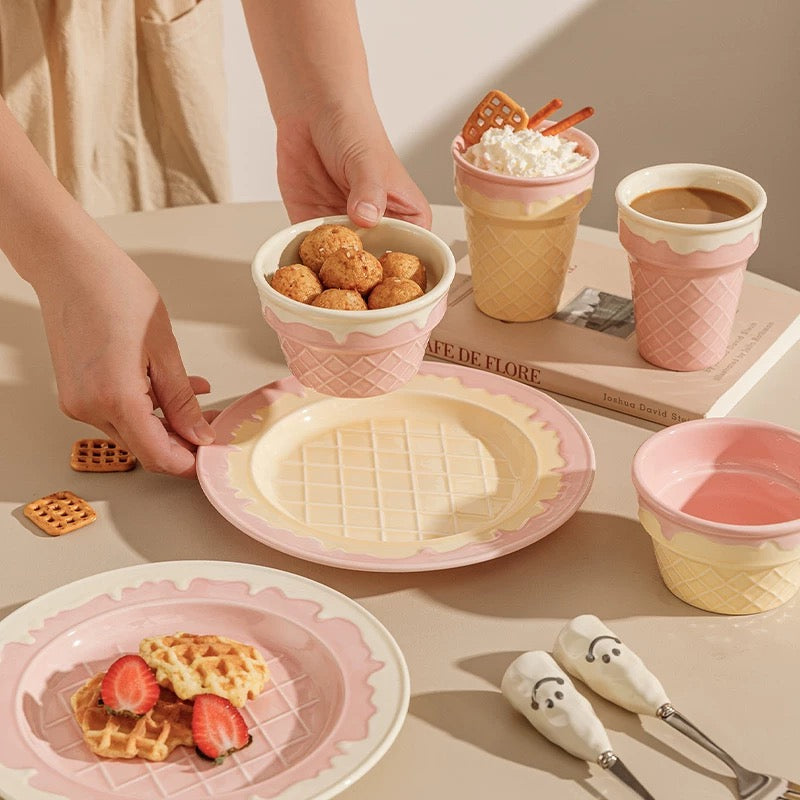Cute Pink & White Ice Cream Cone Ceramic Bowl / Ceramic Plate