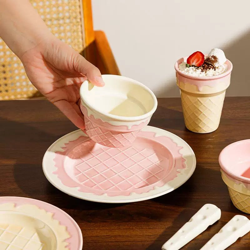 Cute Pink & White Ice Cream Cone Ceramic Bowl / Ceramic Plate