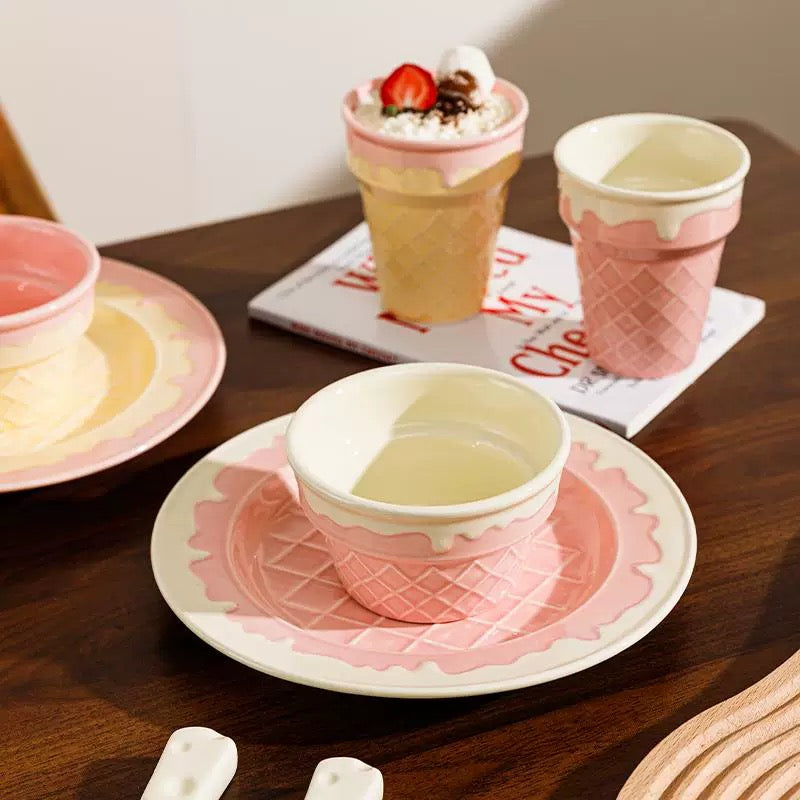Cute Pink & White Ice Cream Cone Ceramic Bowl / Ceramic Plate