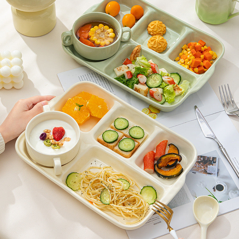 Ceramic Compartment Tray with Matching Soup Bowl