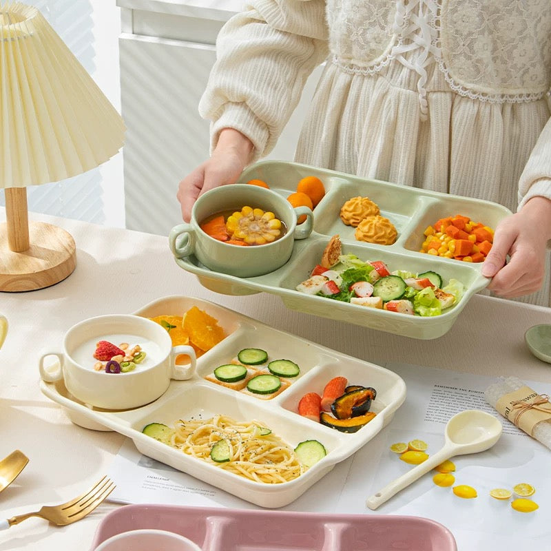 Ceramic Compartment Tray with Matching Soup Bowl