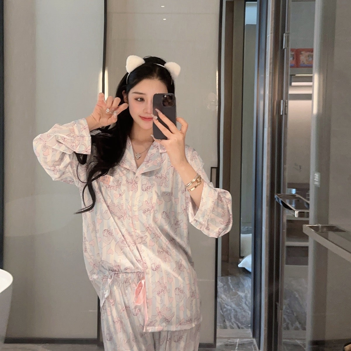 Dopamine Striped Cat Silk Pajama Set