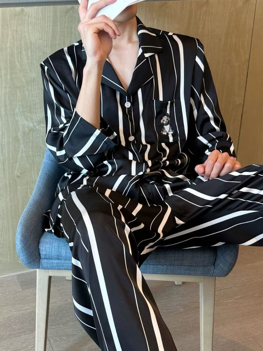 Striped Cat & Dog Couple Silk Long Sleeve Pajama Set