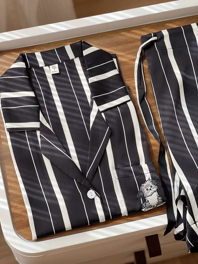 Striped Cat & Dog Couple Silk Long Sleeve Pajama Set