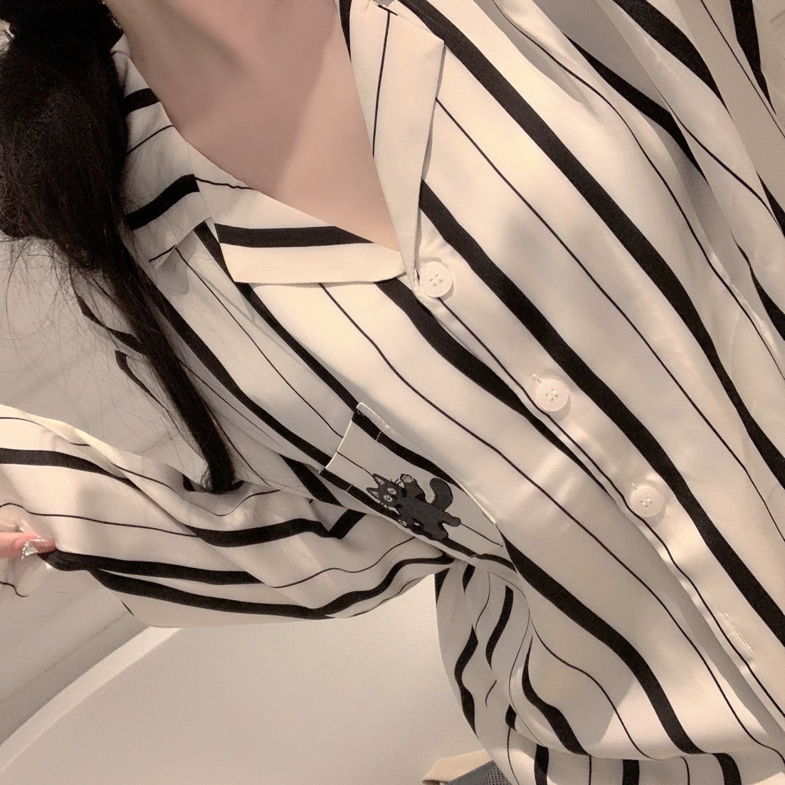 Striped Cat & Dog Couple Silk Long Sleeve Pajama Set