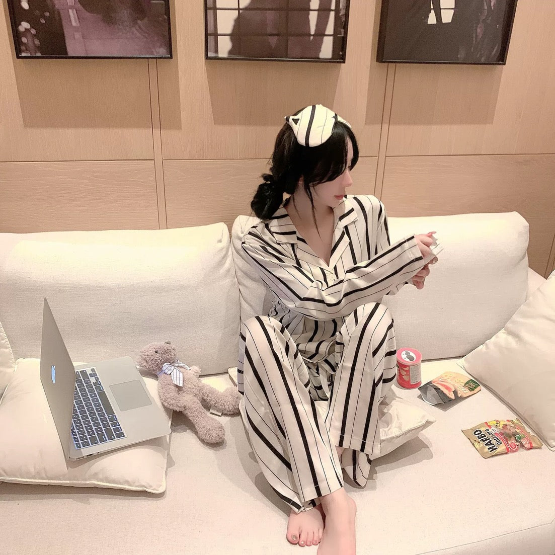 Striped Cat & Dog Couple Silk Long Sleeve Pajama Set