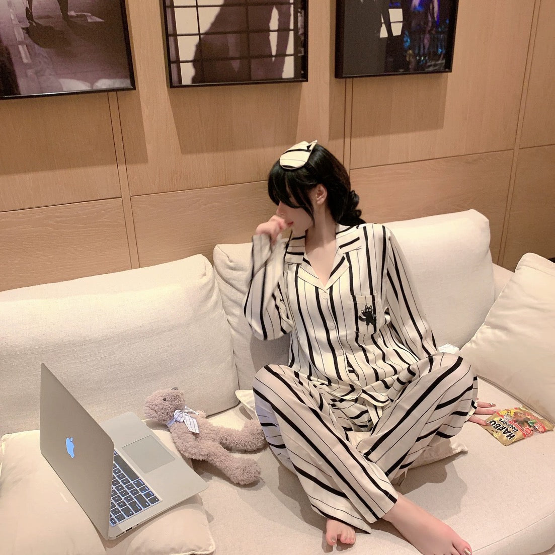 Striped Cat & Dog Couple Silk Long Sleeve Pajama Set