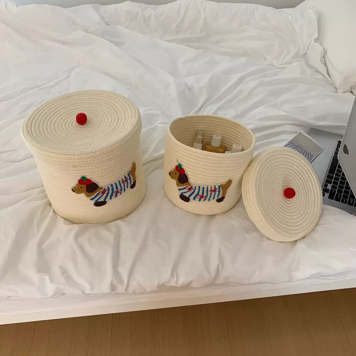Cute Dachshund Embroidered Woven Storage Basket